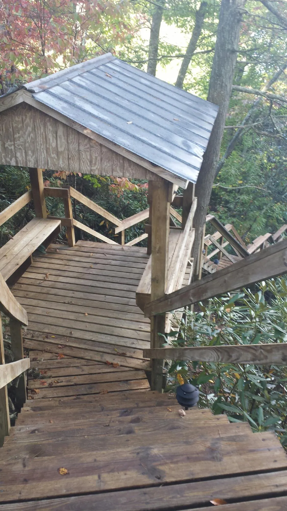 Metal roofed shelter over wooden steps on a wooded walkway — Skylight Repair & Installation work by our crew in Greensburg